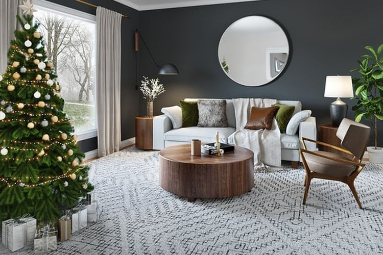 Ilustrasi ruang tamu dengan dekorasi Natal