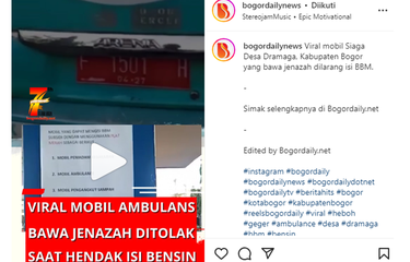 Tangkapan layar unggahan video bernarasi ambulans desa yang membawa jenazah tidak boleh mengisi bahan bakar minyak (BBM) di SPBU.