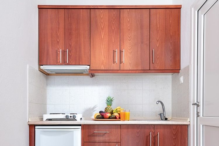 Ilustrasi dapur, ilustrasi lemari dapur kayu solid.