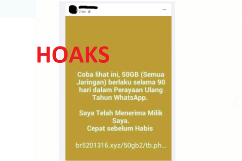 [HOAKS] WhatsApp Bagi-bagi Kuota Gratis 50 GB dalam Rangka Ulang Tahun