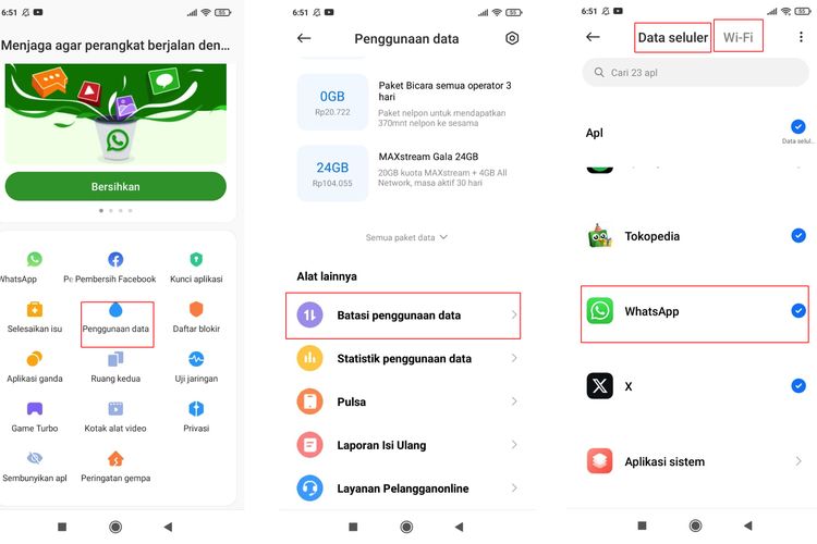 Ilustrasi cara mematikan data hanya untuk WhatsApp di Android.