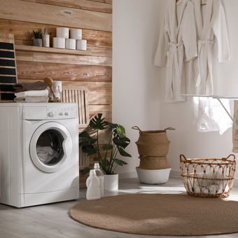 Ilustrasi ruang cuci, ruang mencuci, mesin cuci.