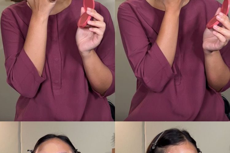 Model yang sedang melakukan step pada tahapan makeup sederhana, Jakarta Barat, Kamis (07/03/2024).