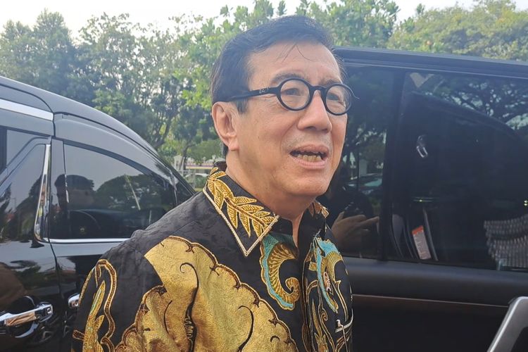 Menteri Hukum dan HAM Yasonna Laoly saat ditemui di Kompleks Istana Kepresidenan, Jakarta, Selasa (3/10/2023).
