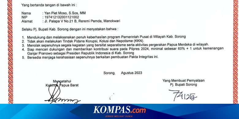 KPK Serahkan Pakta Integritas PJ Bupati Sorong Menangkan Ganjar ke Lembaga Berwenang