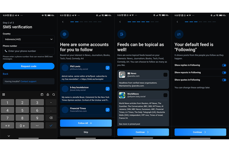 Langkah-langkah membuat akun baru di Bluesky. Pengguna akan diminta mendaftarkan nomor HP dan memilih topik yang disukai