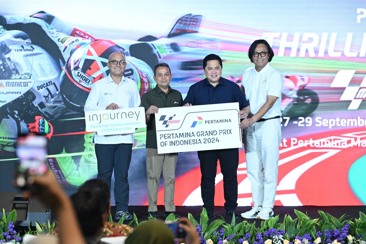 Menteri Badan Usaha Milik Negara (BUMN) Erick Thohir saat menghadiri konferensi pers Pertamina Grand Prix of Indonesia 2024 (MotoGP) di Jakarta, Sabtu (22/6/2024).