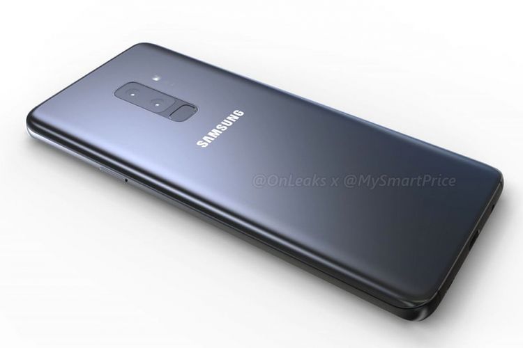 Bocoran gambar render Galaxy S9 Plus dari sisi depan memperlihatkan kamera ganda yang disusun secara vertikal.