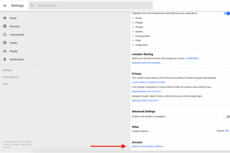 Menghapus akun Google+ di opsi Settings.