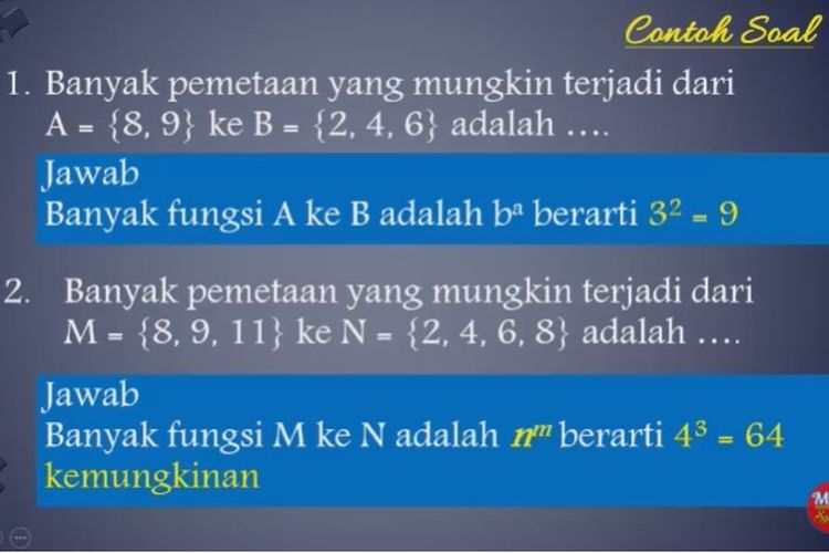 Tangkapan layar Belajar dari Rumah TVRI 18 Agustus 2020 SMP tentang Relasi dan Fungsi.