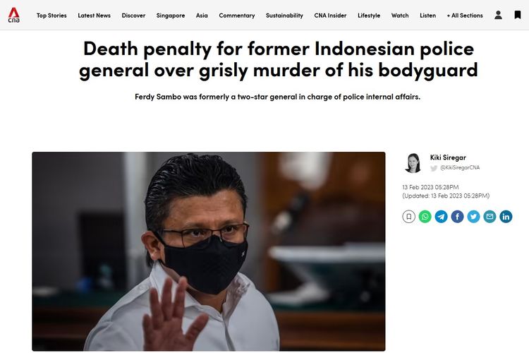 Tangkapan layar dari berita media Singapura, Channel News Asia, tentang Ferdy Sambo divonis hukuman mati, Senin (13/2/2023).