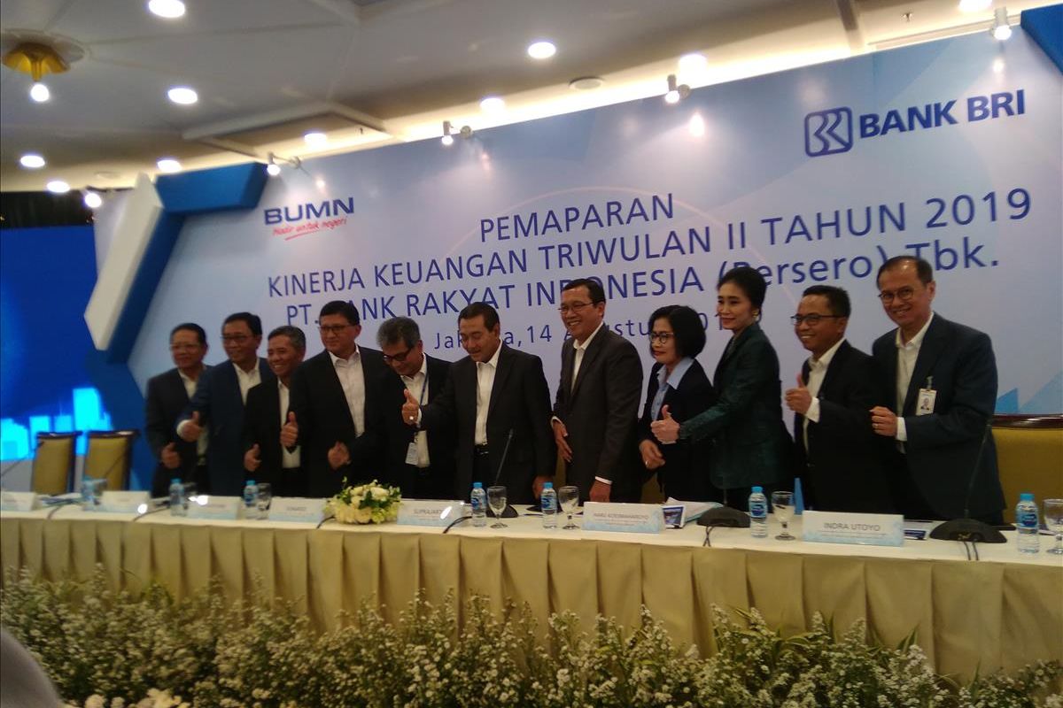 Jajaran direksi Bank BRI dalam paparan kinerja keuangan semester I 2019 di Jakarta, Rabu (14/8/2019).