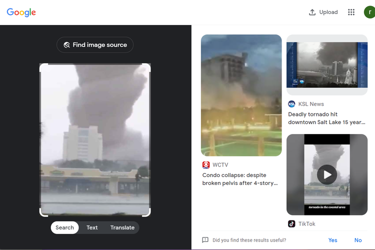 Tangkapan layar pencarian gambar di Google Lens, dari video tornado dan petir dari Badai Daniel di Libya.