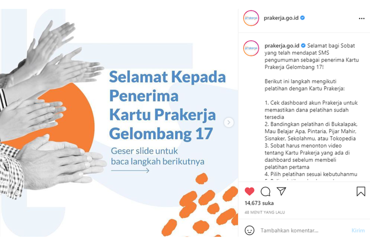 Tangkapan layar unggahan akun Instagram Kartu Prakerja mengenai pengumuman penerima Kartu Prakerja gelombang 17.