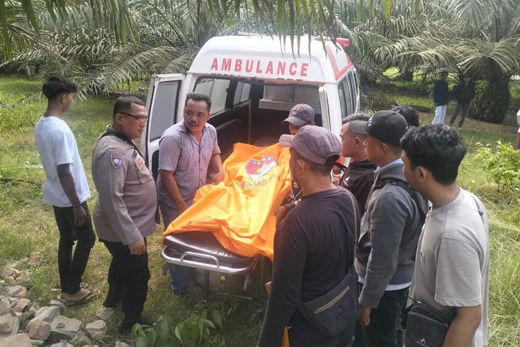 Polisi mengevakuasi jasad karyawan PTPN 1 yang tewas tertimpa bangunan tua di Kecamatan STM Hilir, Kabupaten Deli Serdang, Kamis (4/7/2024) 