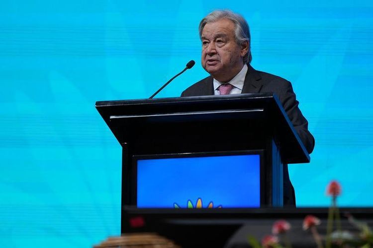 Sekretaris Jenderal PBB Antonio Guterres menyampaikan pidato dalam salah satu kegiatan KTT Keanekaragaman Hayati COP16 di Cali, Kolombia, Selasa (29/10/2024).