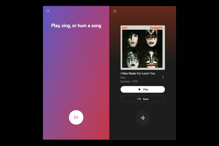 Tangkapan layar dari tampilan ikon gelombang setelah diklik (sebelah kiri gambar), pengguna lalu bersenandung dan YouTube Music menampilkannya (sebelah kanan gambar).