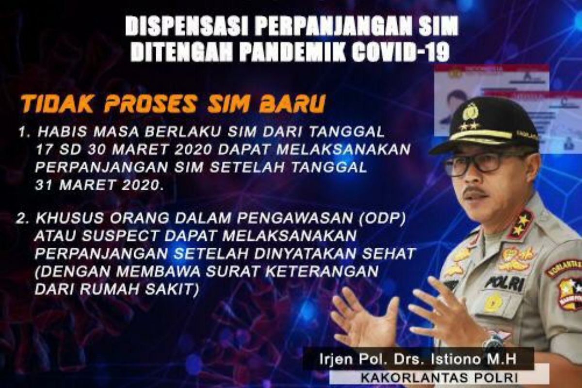 Kakorlantas Polri memberikan dispensasi berupa perpanjangan SIM hingga 30 Maret mendatang.