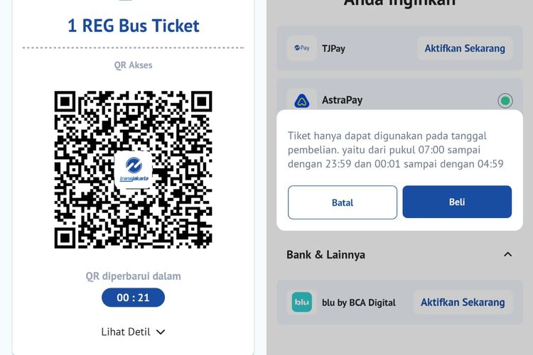 Aplikasi TJ : Transjakarta saat pembelian tiket tarif khusus Rp 1