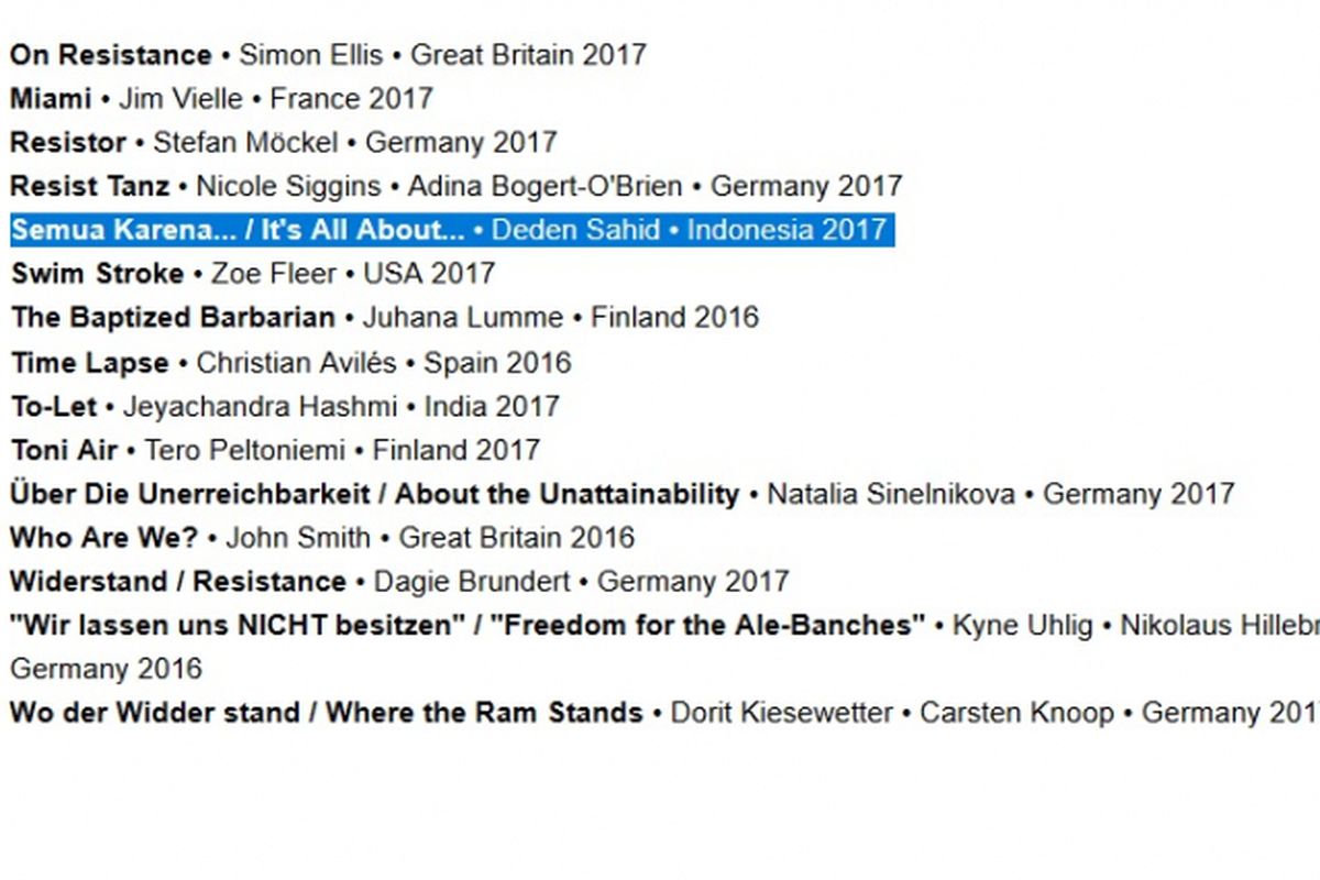 Film pendek Semua Karena karya Deden Sahid terdaftar dalam Three Minute Quickie Competition A-Z, 33rd Hamburg International Short Film Festival.