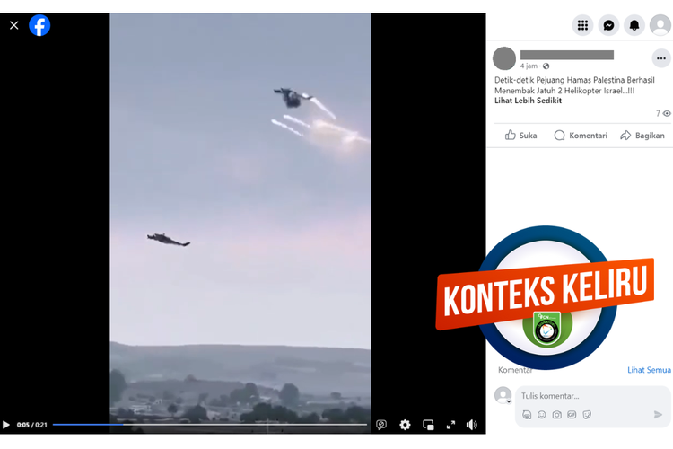 Tangkapan layar konten dengan narasi keliru di sebuah akun Facebook, Senin (9/10/2023), berisi video kelompok Hamas menembak jatuh helikopter Israel.