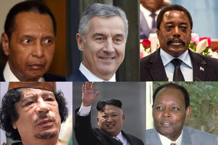 (Searah jarum jam dari pojok kiri atas) Presiden Haiti  Jean-Claude Duvalier, Perdana Menteri Montenegro Milo Dukanovic, Pelaksana Tugas Presiden Kongo Joseph Kabila, Presiden Burundi Jean-Baptiste Bagaza, Pemimpin Tertinggi Korea Utara Kim Jong Un, dan, Pemimpin Revolusi Libya Muammar Al Gaddafi.