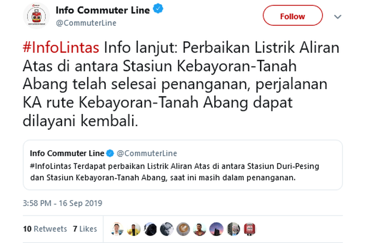 Informasi mengenai perbaikan listrik di antara Stasiun Kebayoran-Tanah Abang yang sudah selesai ditangani, Selasa (17/9/2019).