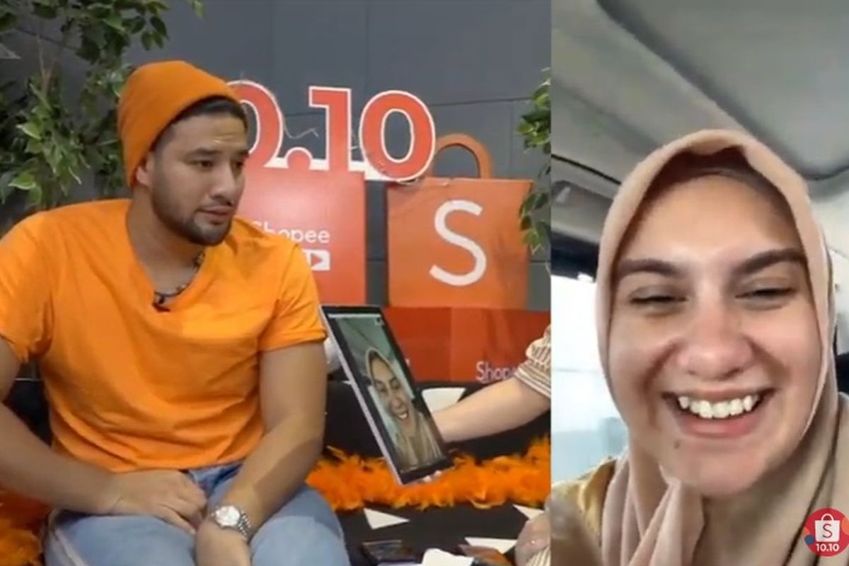 Ammar Zoni saat video call dengan istrinya, Irish Bella di acara Shopee 10.10 Super Brands Festival.