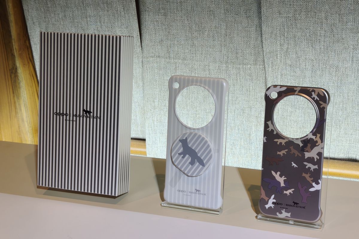 Ilustrasi casing Maison Kitsune untuk Oppo Find X8 Pro (tengah) dan untuk Find X8 (kanan).