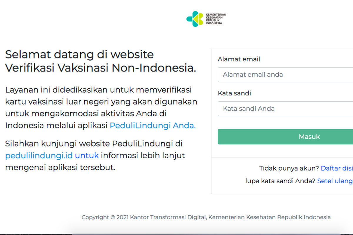 Tangkapan layar laman verifikasi vaksin non-Indonesia