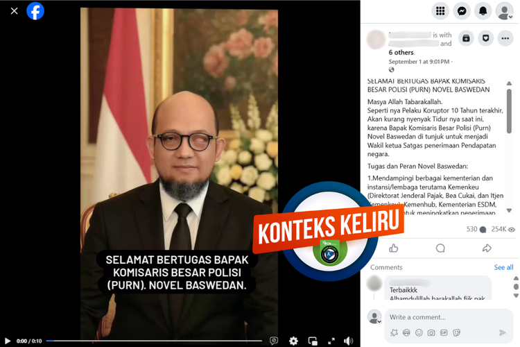 Tangkapan layar konten dengan konteks keliru di sebuah akun Facebook, 1 September 2025, yang menyebutkan pangkat Novel Baswedan sebagai purnawirawan Kombes Polri.