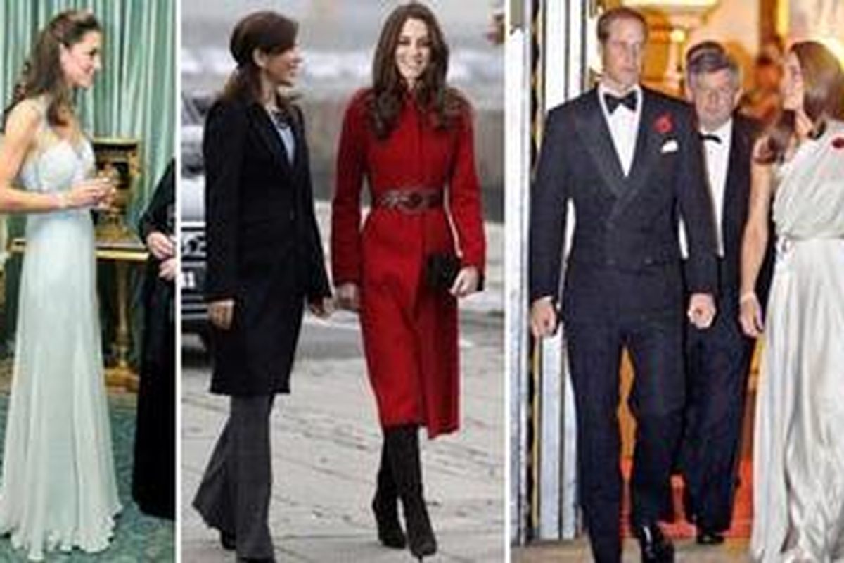 Kate Middleton dalam balutan gaun karya Amanda Wakeley (kiri), coat dari LK Bennett (tengah), dan gaun ala Yunani dari Jenny Packham.