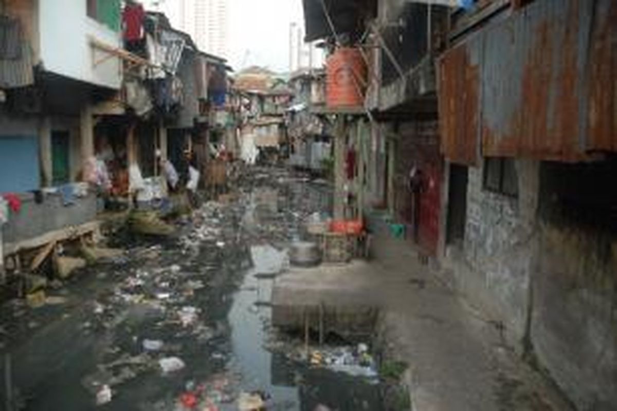 Sampah memenuhi Sungai Sabeni di pemukiman sekitar Jalan Sabeni, Kelurahan Kebon Melati, Tanah Abang, Jakarta Pusat, Senin (12/8/2013). Wali Kota Jakarta Pusat Saefullah berencana memindahkan rumah pemotongan hewan di Pasar Blok G Tanah Abang ke suatu lahan di Jalan Sabeni untuk sementara waktu.