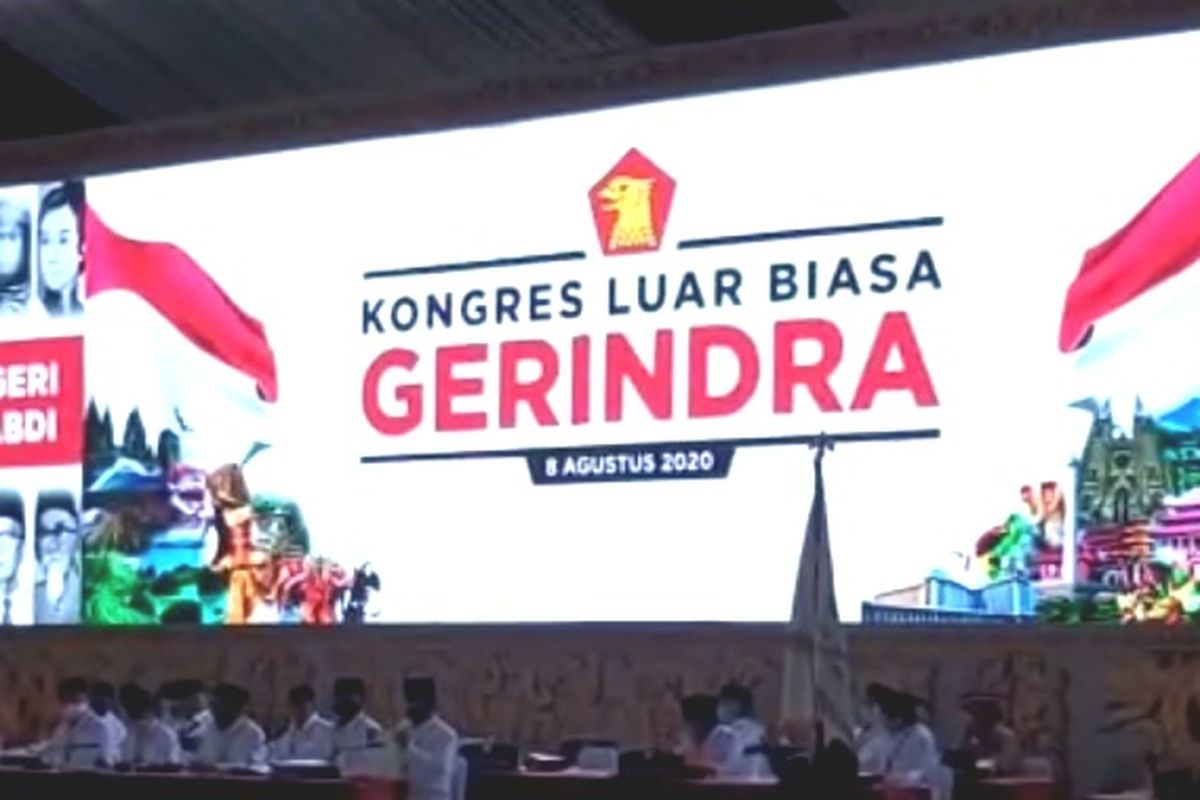 Kongres Luar Biasa Partai Gerindra pada Sabtu (8/8/2020) menetapkan Prabowo Subianto untuk kembali menjadi ketua umum.