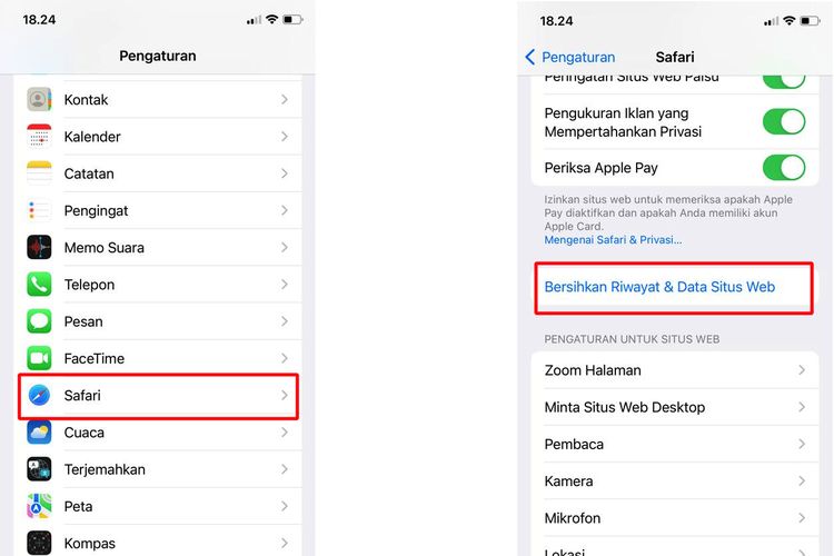 Ilustrasi cara mengatasi penyimpanan iPhone penuh dengan menghapus cache browser Safari.