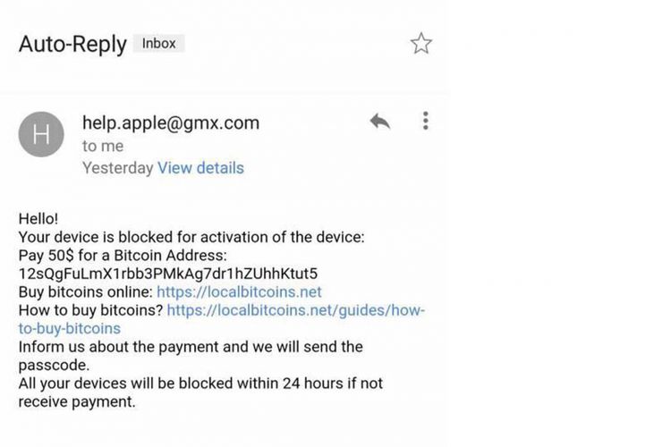 E-mail balasan dari hacker, isinya meminta bayaran untuk buka sistem