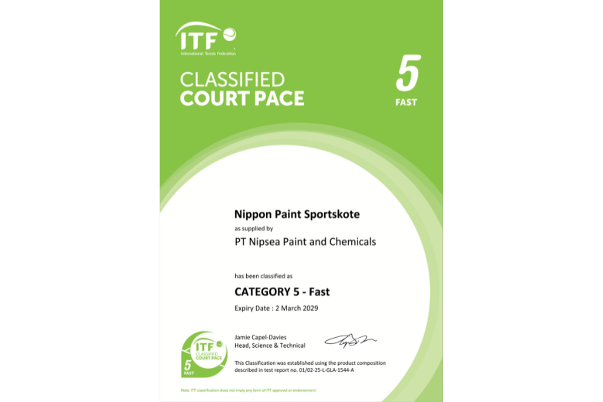 Produk pelapis lapangan olahraga Nippon Paint Indonesia, Nippon Sportskote, memperoleh sertifikasi dari International Tennis Federation (ITF) dengan klasifikasi Court Pace Rating 5 (Fast).
