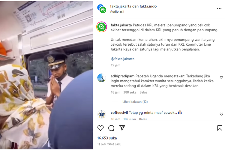 Tangkapan layar unggahan video bernarasi petugas kereta rel listrik (KRL) melerai penumpang yang cekcok di dalam kereta.