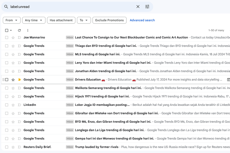 Ilustrasi cara mengatasi Gmail penuh dengan menghapus e-mail yang tidak terbaca.