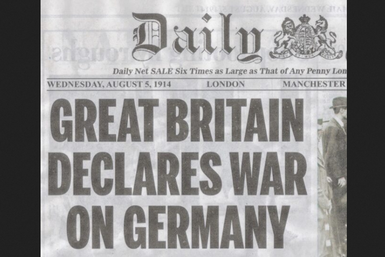 Surat kabar Daily Mail edisi 5 Agustus 1914 yang memberitakan Inggris terlibat dalam Perang Dunia I setelah menyatakan perang terhadap Jerman.