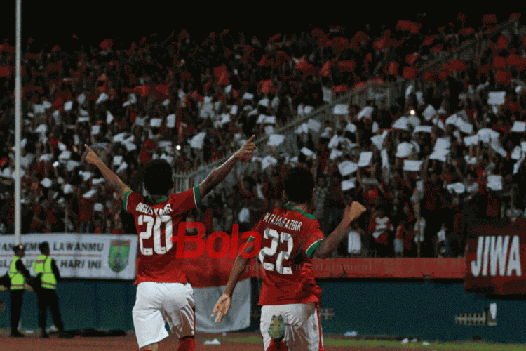 Bagus Kahfi merayakan gol Timnas U-16 Indonesia ke gawang Timor Leste pada pertandingan Grup A Piala AFF 2018 di Stadion Gelora Delta Sidoarjo, 4 Agustus 2018. 