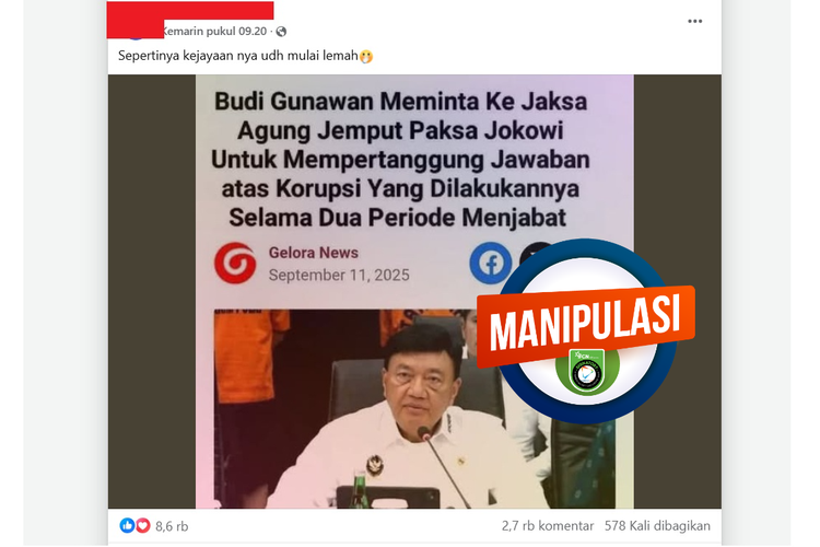 Tangkapan layar judul artikel yang mengeklaim Budi Gunawan meminta jaksa agung jemput paksa Jokowi