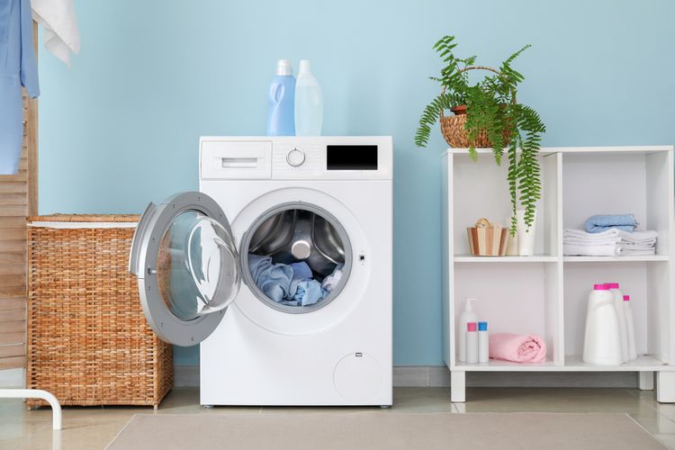 Ilustrasi mesin cuci, ilustrasi mesin pengering, ilustrasi ruang mencuci.