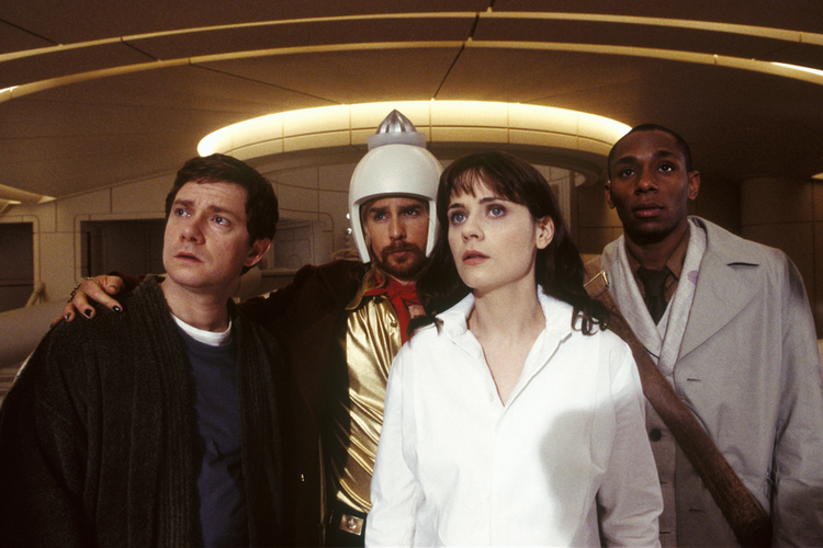 Sam Rockwell, Yasiin Bey, Zooey Deschanel, and Martin Freeman in The Hitchhiker's Guide to the Galaxy (2005)