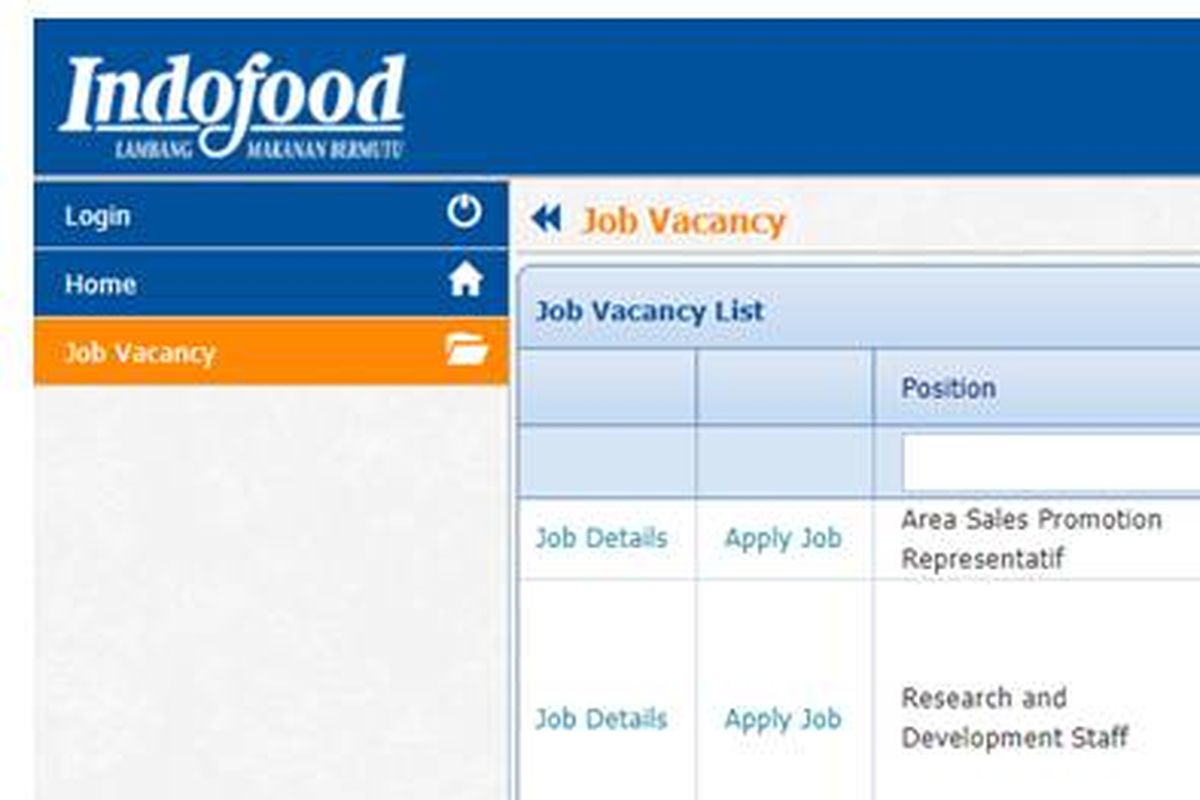 Tangkapan layar laman rekrutmen di Indofood.