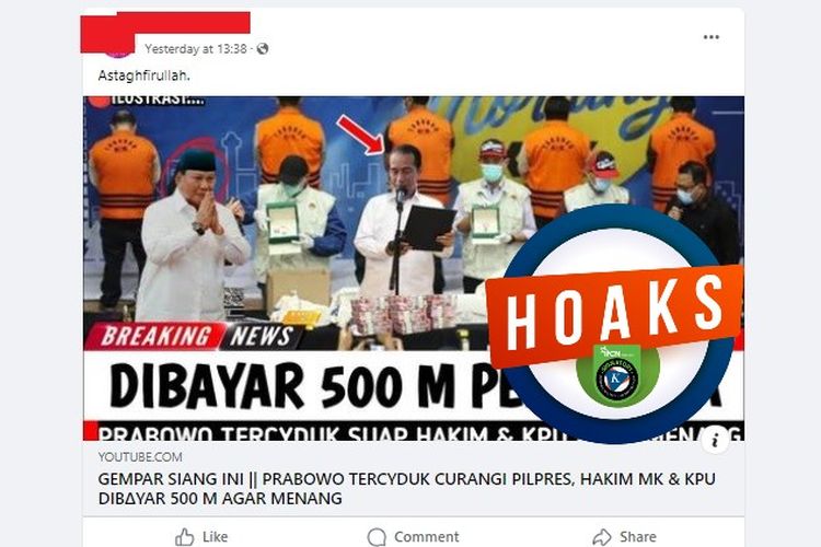 Tangkapan layar Facebook narasi yang menyebut Prabowo menyuap hakim MK dan KPU Rp 500 per-orang untuk memenangkan Pilpres 2024