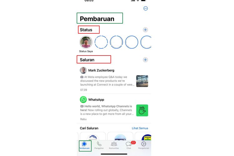 Tampilan daftar saluran yang bergabung dengan daftar status dalam menu pembaruan WhatsApp.