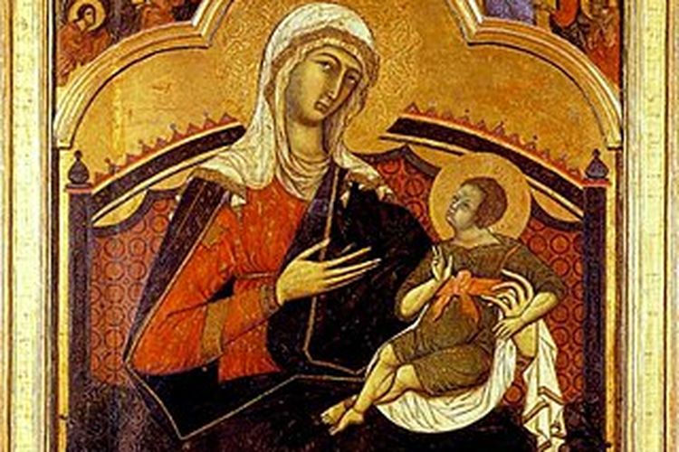 Lukisan Guido da Siena berjudul Madonna di Church of San Regolo, Siena, (1285?1295)yang dibuat dengan teknik tempera dan emas di atas panel.