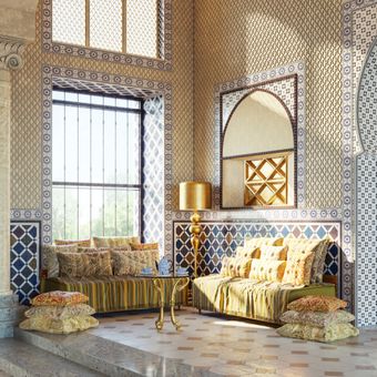 Ilustrasi ruang keluarga bergaya Maroko.