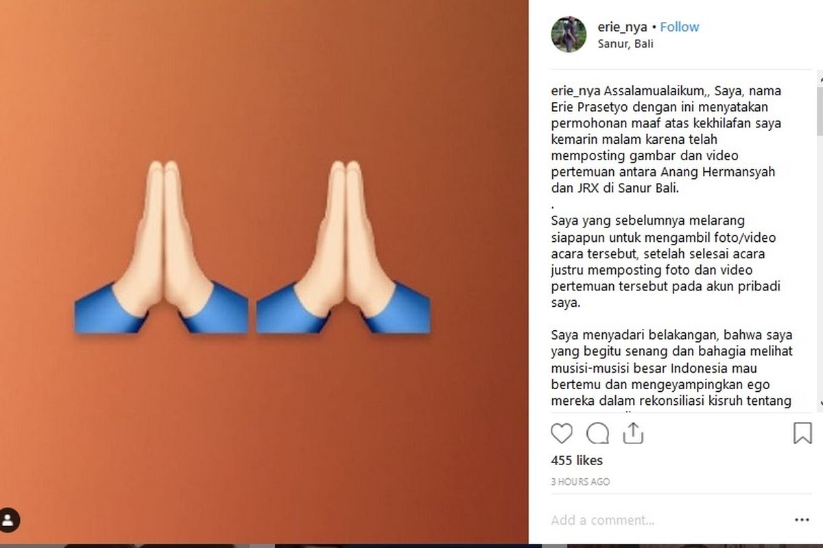 Manajer artis Erie Prasetyo meminta maaf karena telah mengunggah video pertemuan Anang Hermansyah dengan Jerinx SID ke sebuah akun gosip.